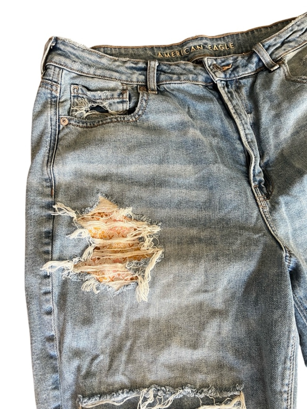American Eagle Mom Jeans Women’s 16 Distressed Patch Raw Hem High Rise Denim - Picture 4 of 13
